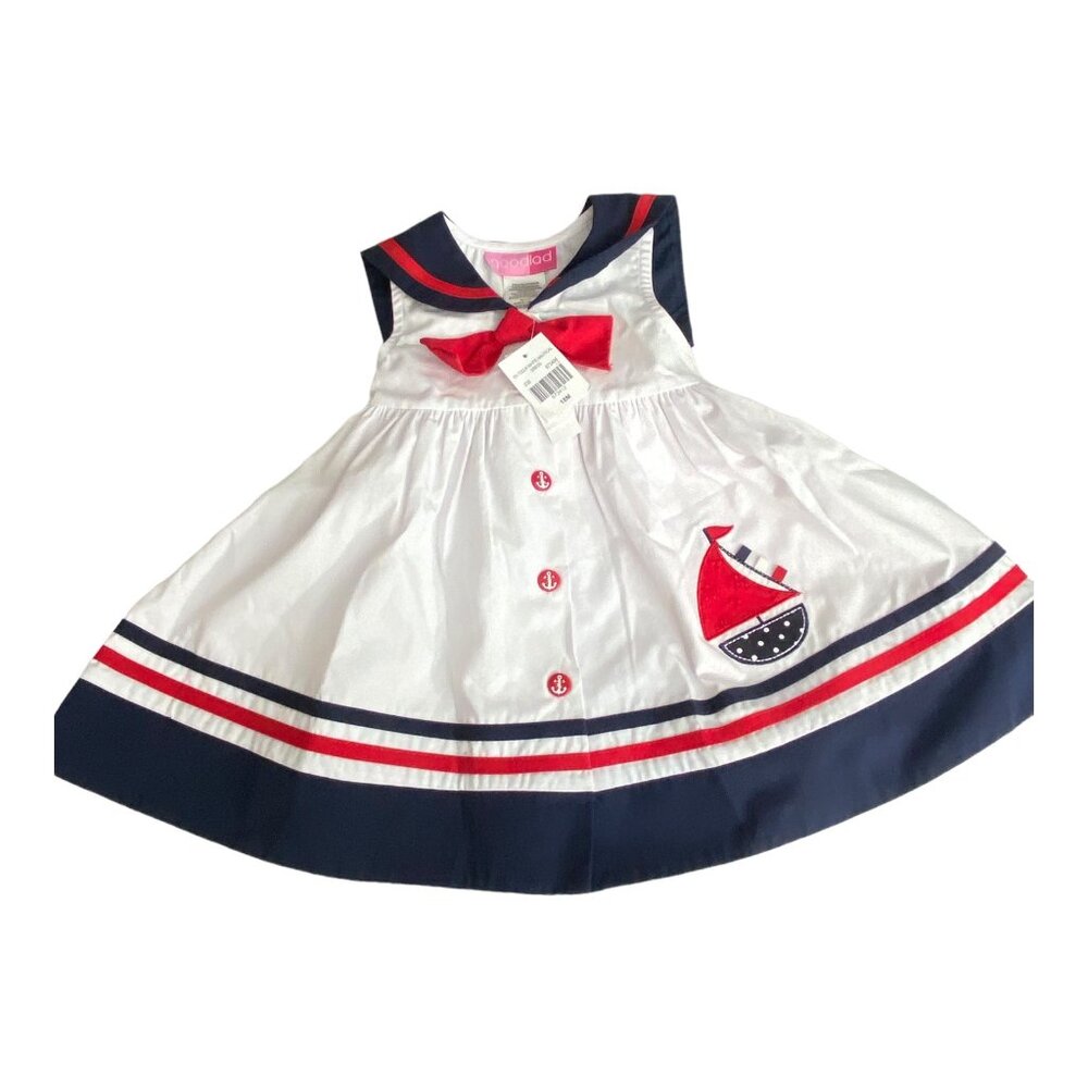 NWT $58 Good Lad 18m Girl Sailors Dress White Poplin Nautical Sailboat Applique - Picture 2 of 15
